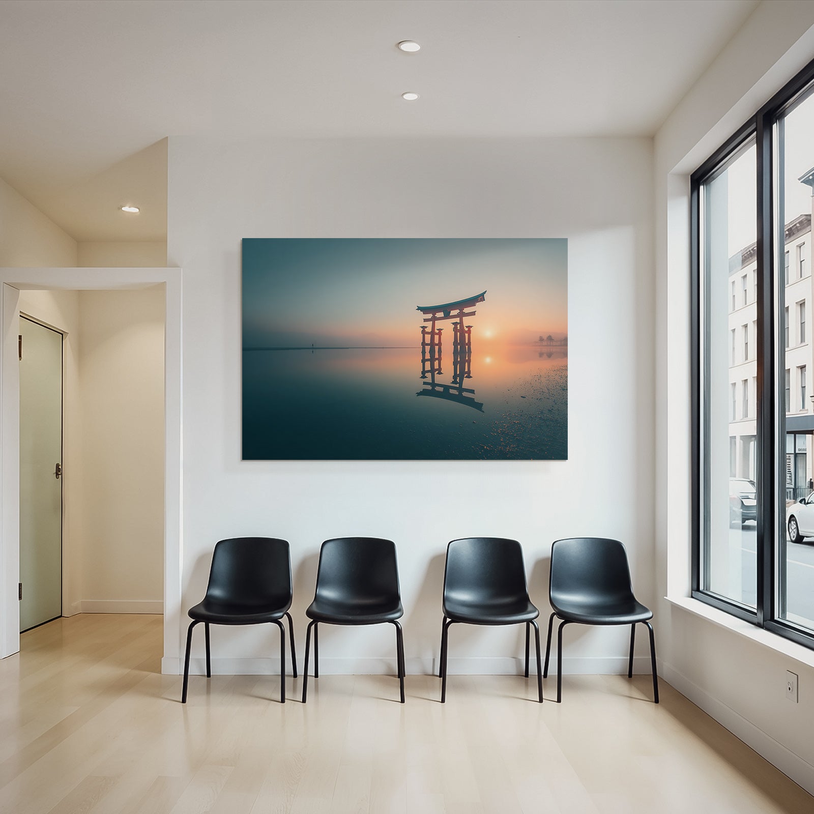 Torii Tor Im Morgennebel Spiegelung Beim Sonnenaufgang