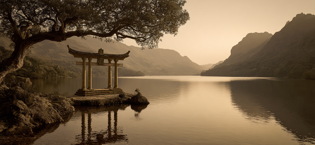 Torii Tor Spiegelt Sich In Bergsee Vor Üppigen Bergen Am Sonnenuntergang | UNESCO Weltkulturerbe | Laender und Reisen