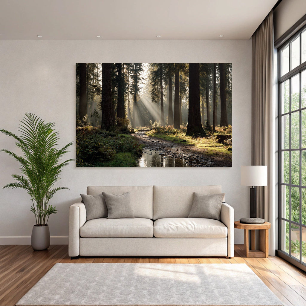 Waldlandschaft Mit Pfad Und Bach Im Sanften Licht