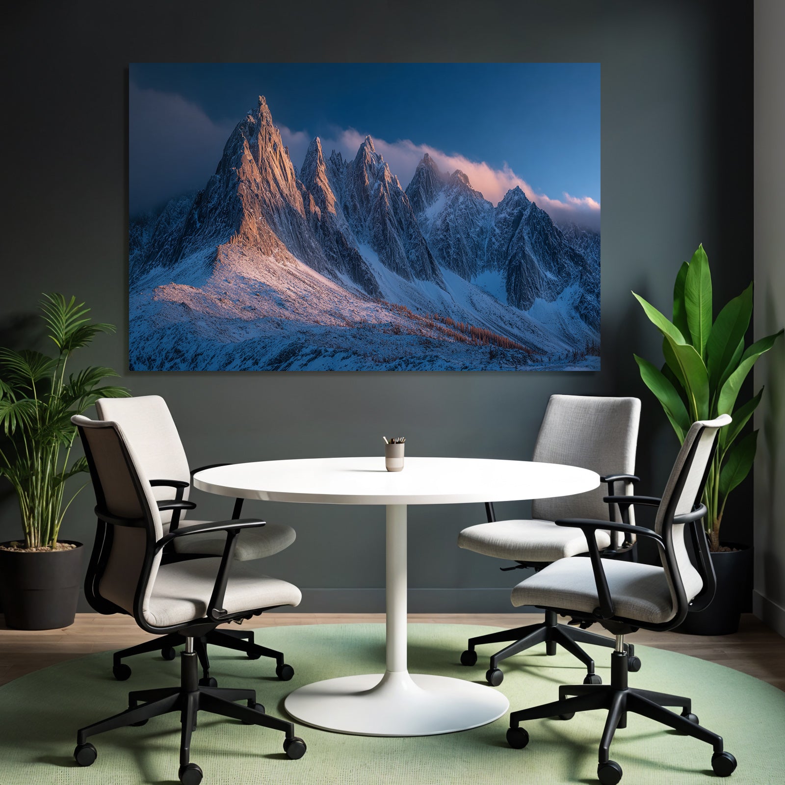 Winterberglandschaft Mit Schneebedeckten Gipfeln Kiefern Und Tiefblaüm Himmel