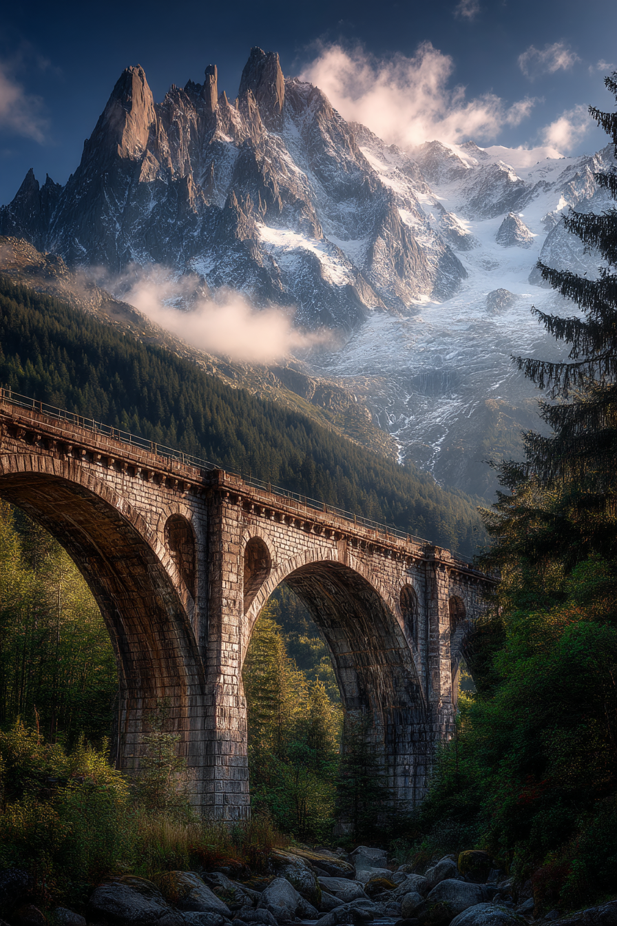 Berge Und Panoramen Atemberaubende Berganlage Mit Steinerner Brücke Und Grünem Hintergrund | Berge und Panoramen | Landschaften