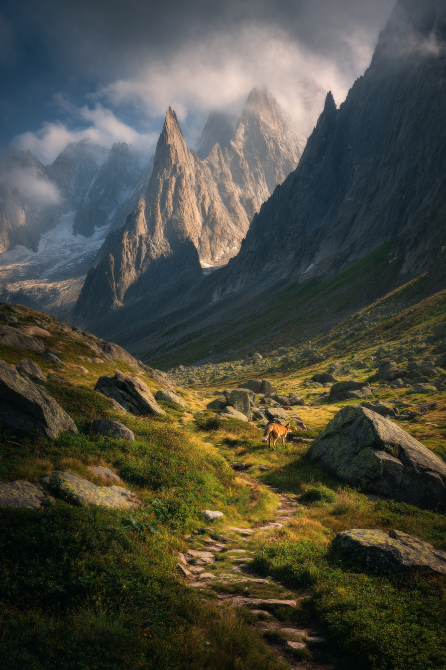 Berge Und Panoramen Atemberaubende Berglanschaft Mit Fuchs Auf Pfad | Berge und Panoramen | Landschaften