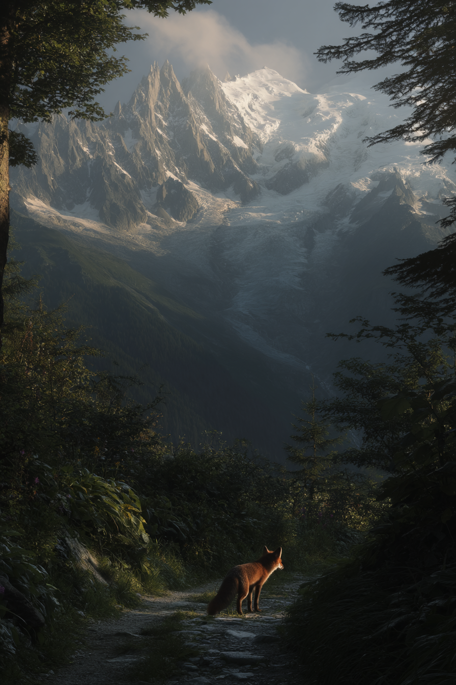 Berge Und Panoramen Berglandschaft Mit Fuchs Und Weg Durch Grünes Gelände | Berge und Panoramen | Landschaften