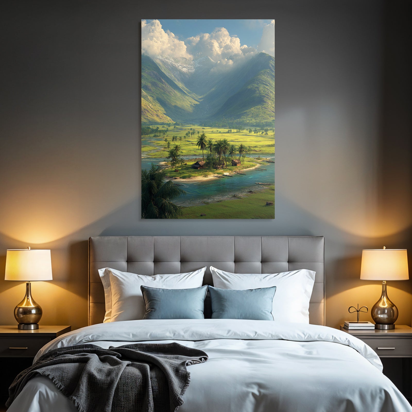Berge Und Panoramen Friedliche Natur Landschaft Mit Bergen Fluss Und Siedlung