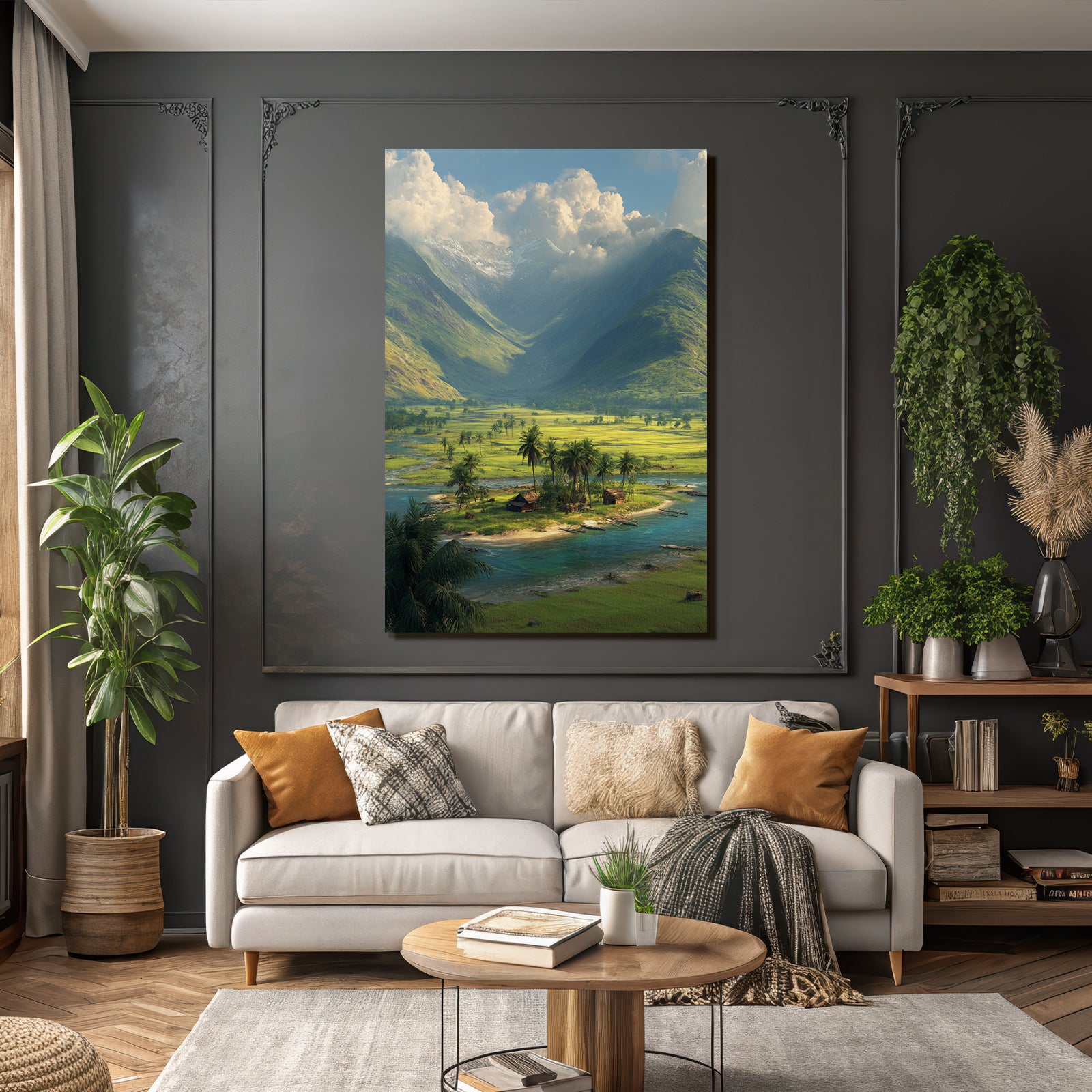 Berge Und Panoramen Friedliche Natur Landschaft Mit Bergen Fluss Und Siedlung