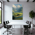 Berge Und Panoramen Friedliche Natur Landschaft Mit Bergen Fluss Und Siedlung