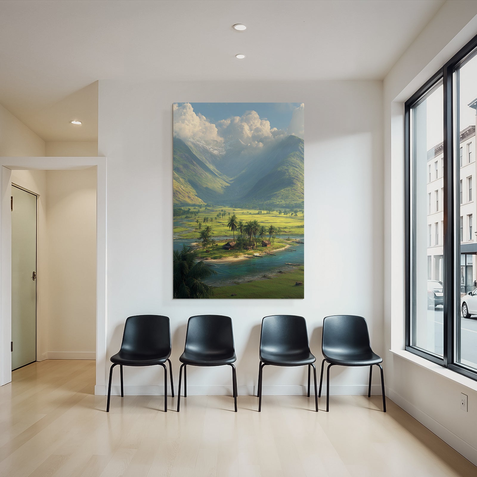 Berge Und Panoramen Friedliche Natur Landschaft Mit Bergen Fluss Und Siedlung
