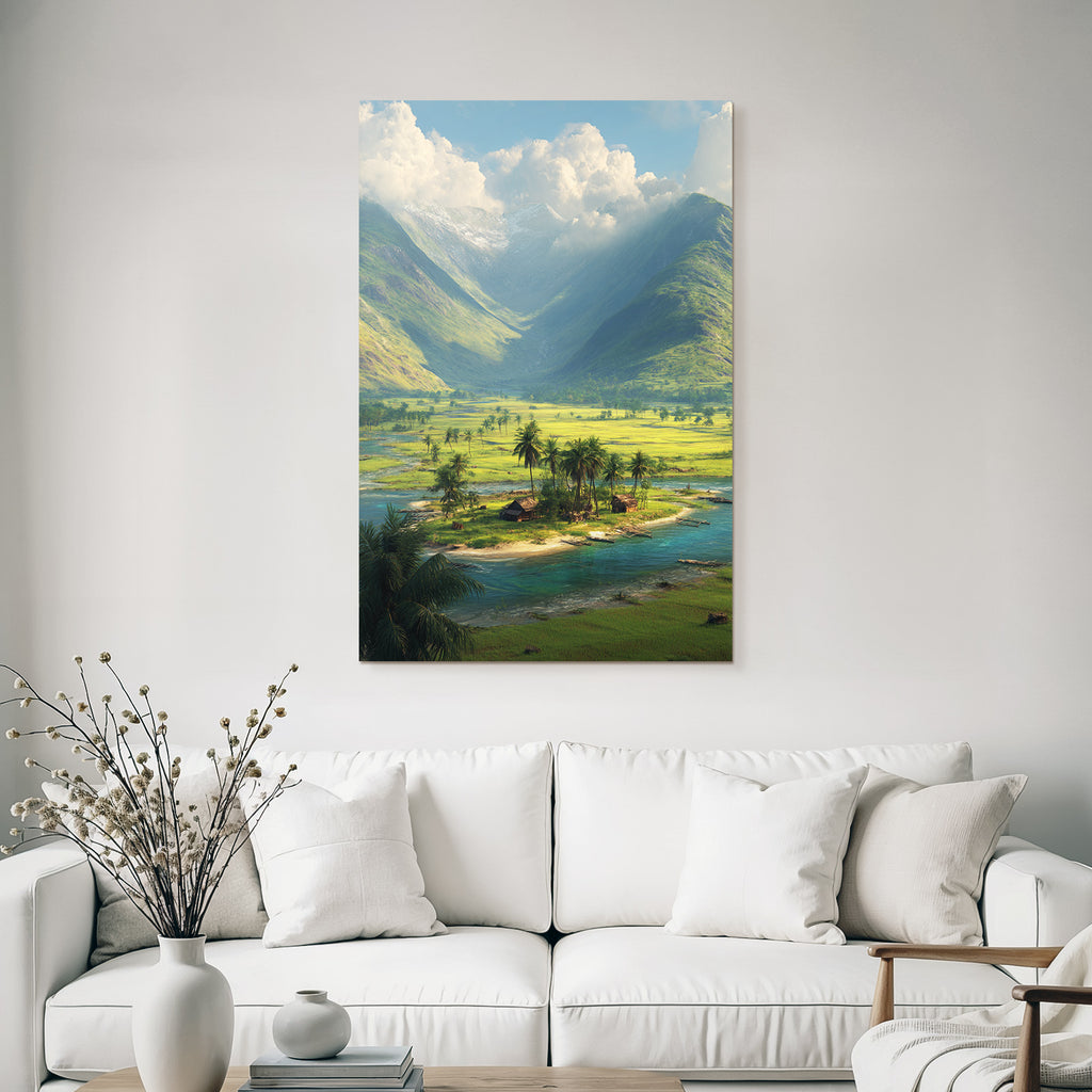 Berge Und Panoramen Friedliche Natur Landschaft Mit Bergen Fluss Und Siedlung