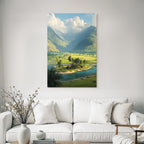 Berge Und Panoramen Friedliche Natur Landschaft Mit Bergen Fluss Und Siedlung