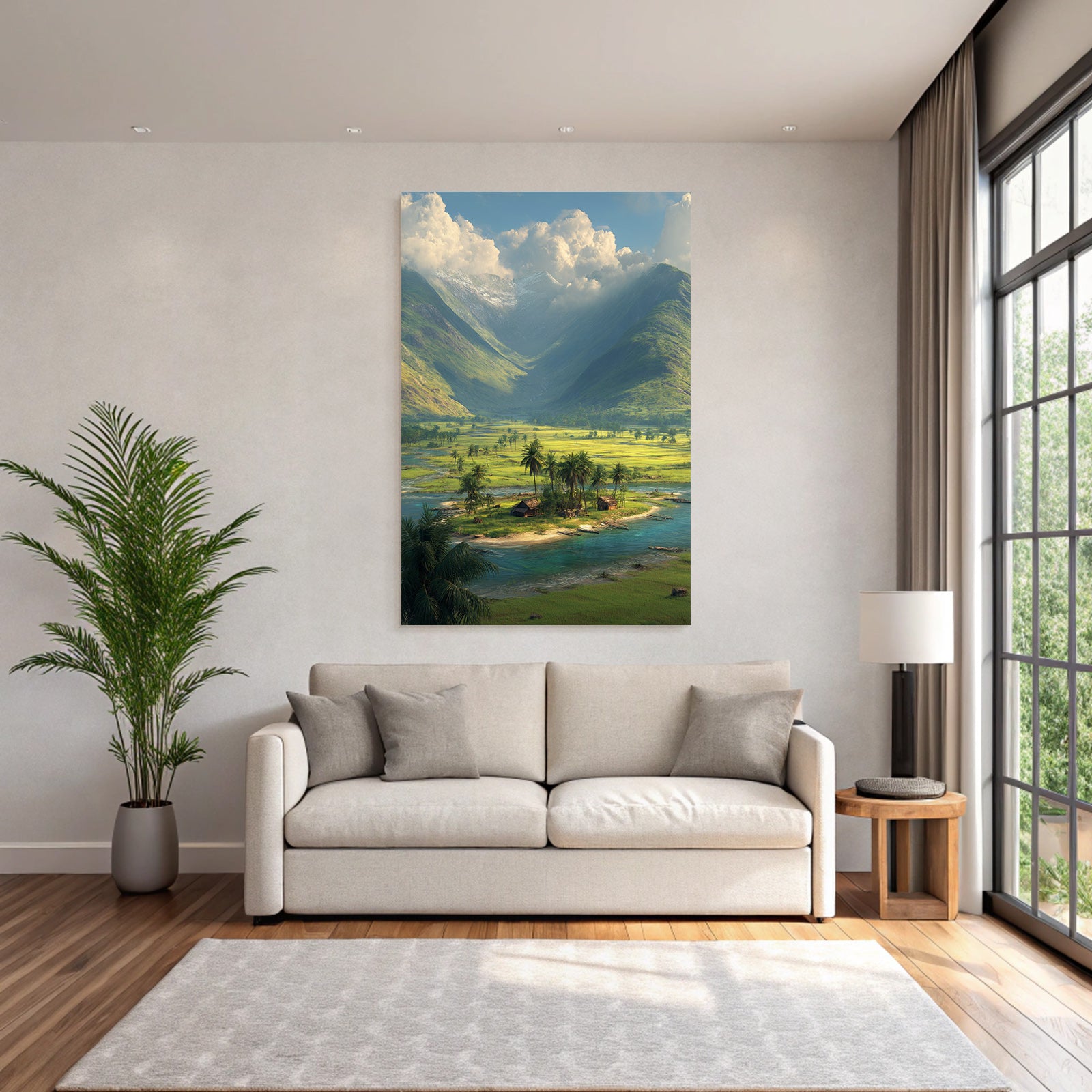 Berge Und Panoramen Friedliche Natur Landschaft Mit Bergen Fluss Und Siedlung