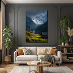 Berge Und Panoramen Kirche Im Landscape Mit Bergen Und Cloudy Sky