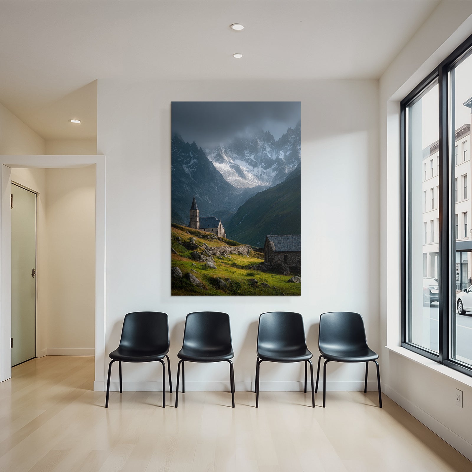 Berge Und Panoramen Kirche Im Landscape Mit Bergen Und Cloudy Sky