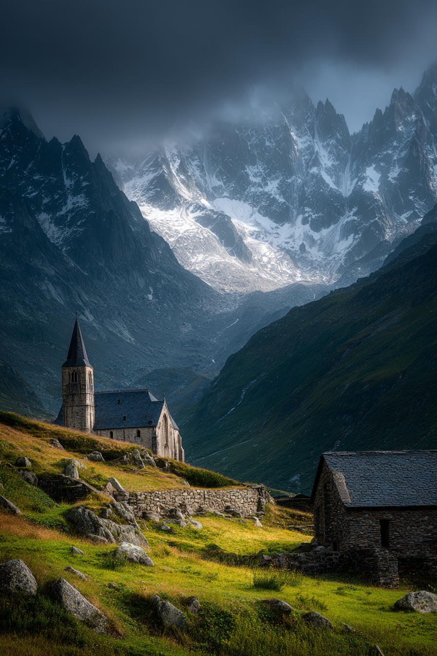 Berge Und Panoramen Kirche Im Landscape Mit Bergen Und Cloudy Sky | Berge und Panoramen | Landschaften