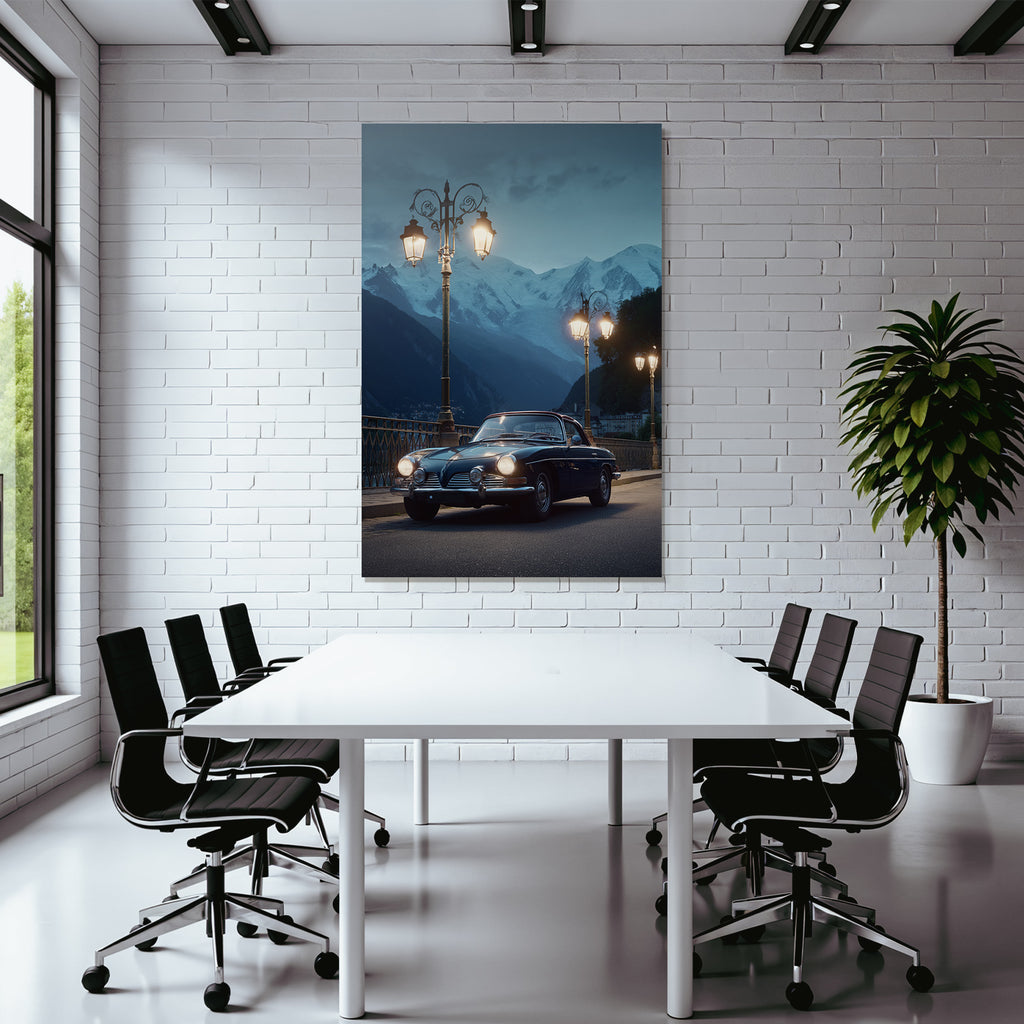 Berge Und Panoramen Klassisches Auto Brücke Schneebedeckte Berge Dusk Dawn