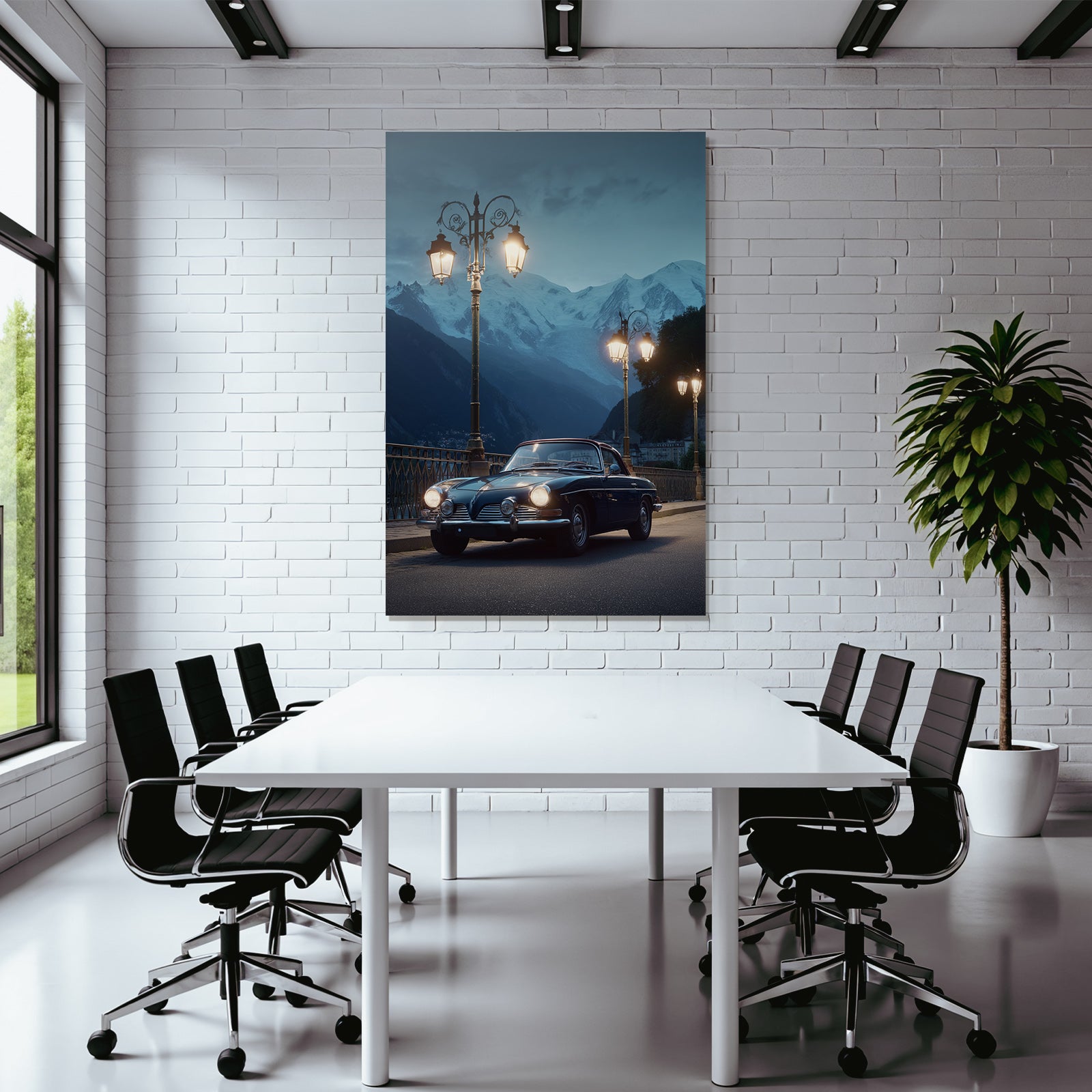 Berge Und Panoramen Klassisches Auto Brücke Schneebedeckte Berge Dusk Dawn