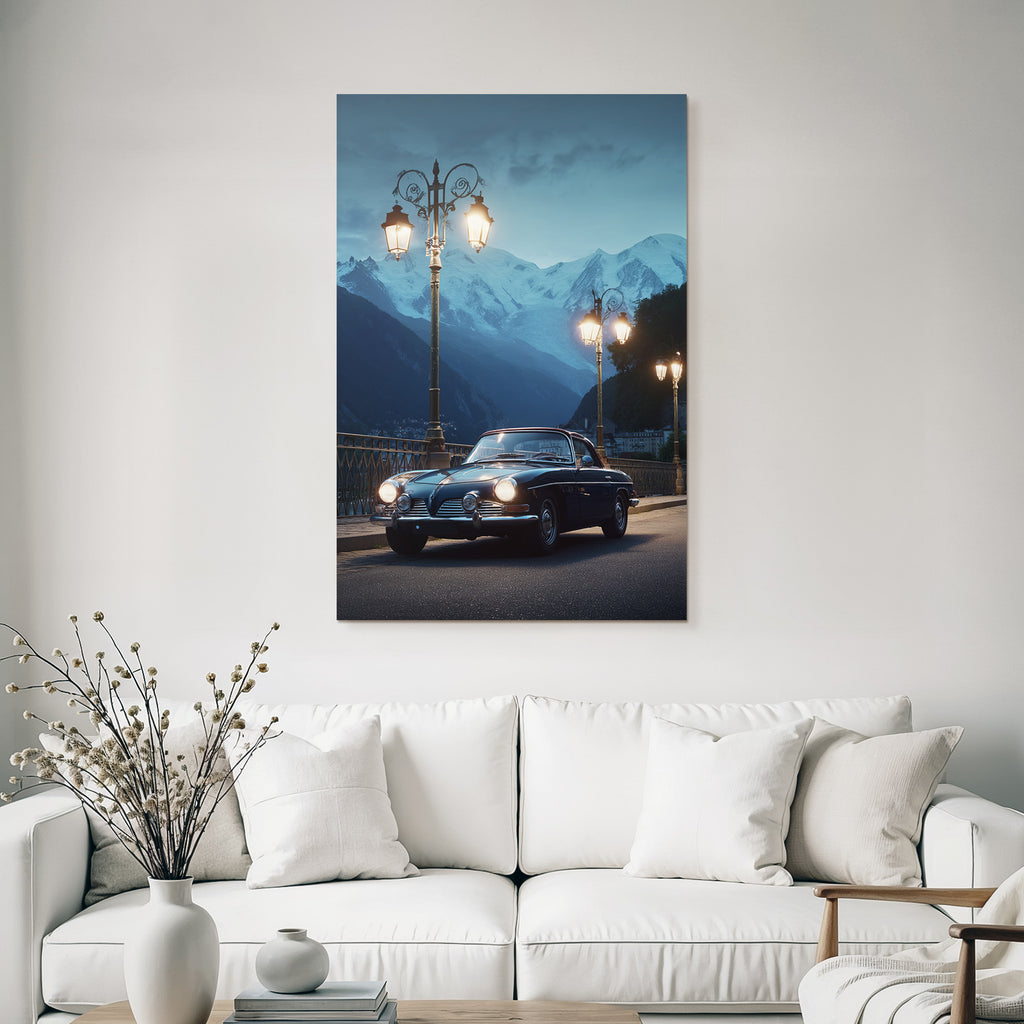 Berge Und Panoramen Klassisches Auto Brücke Schneebedeckte Berge Dusk Dawn