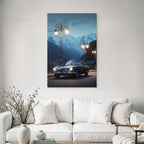 Berge Und Panoramen Klassisches Auto Brücke Schneebedeckte Berge Dusk Dawn