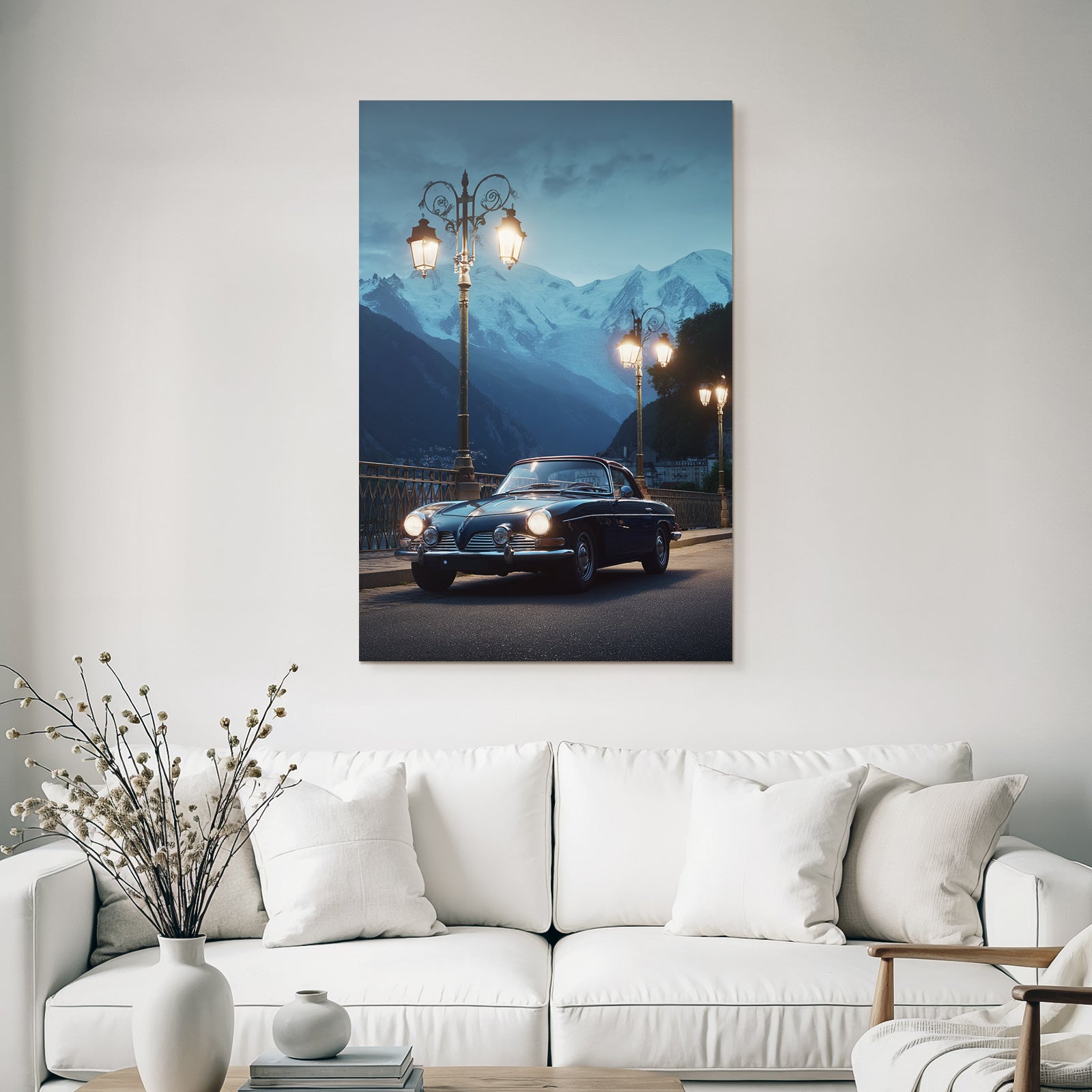Berge Und Panoramen Klassisches Auto Brücke Schneebedeckte Berge Dusk Dawn