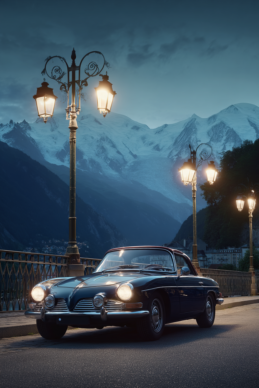 Berge Und Panoramen Klassisches Auto Brücke Schneebedeckte Berge Dusk Dawn | Berge und Panoramen | Landschaften