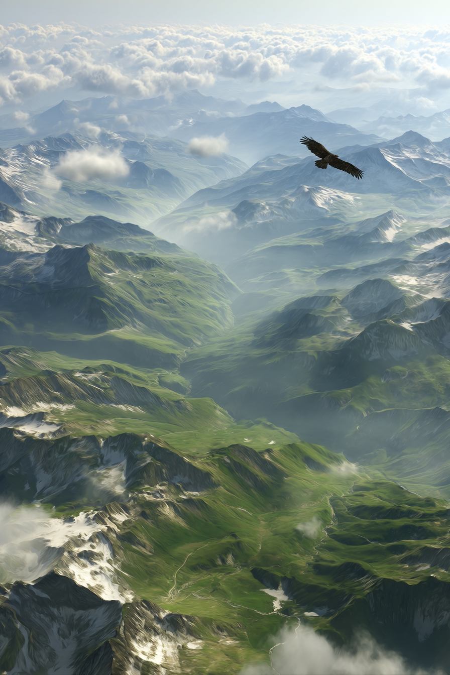 Berge Und Panoramen Luftaufnahme Von Bergreich Mit Grünen Tälern Und Vogel Im Himmel | Berge und Panoramen | Landschaften