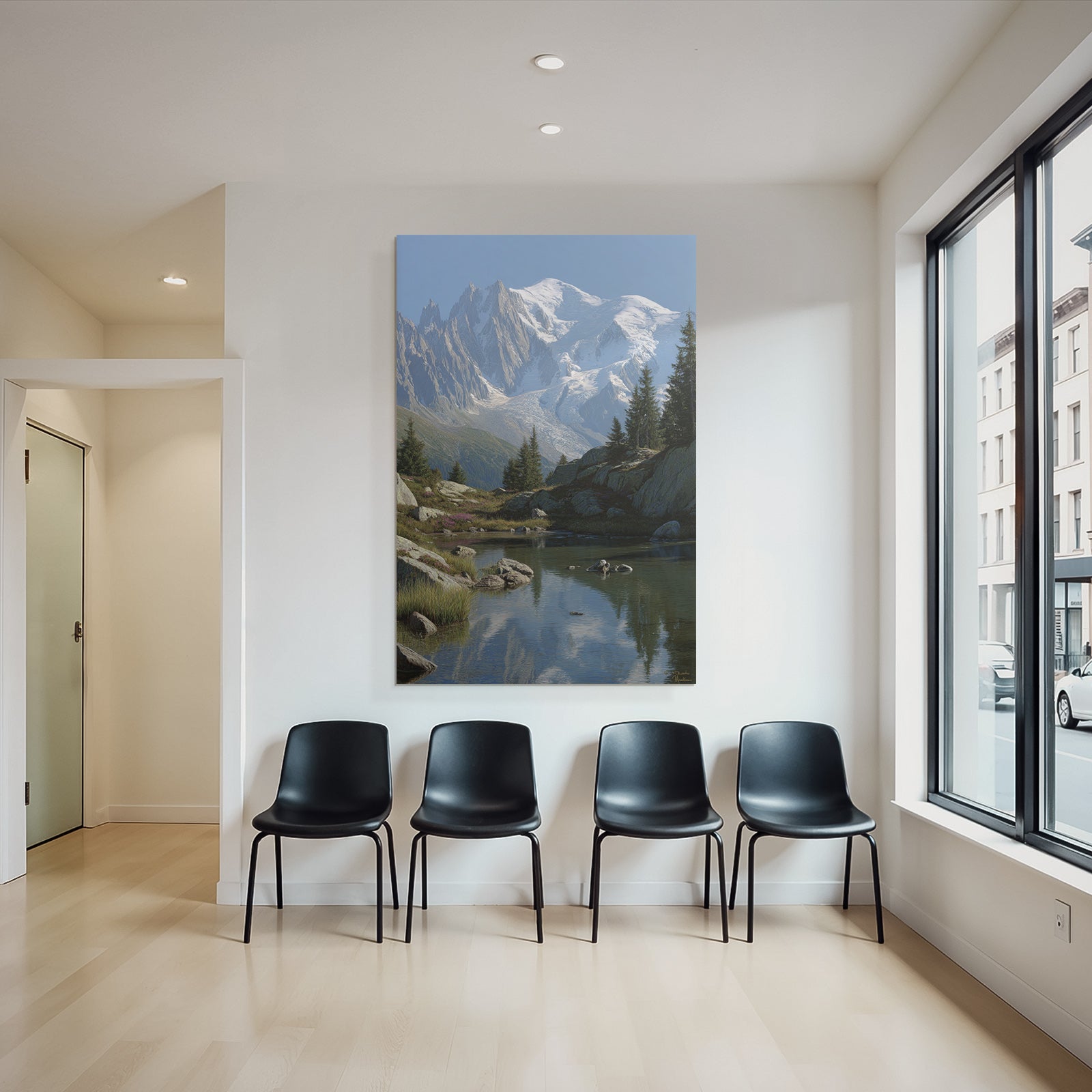 Berge Und Panoramen Majestatische Berge Schneebedeckt Klare Himmel Ruhiger See Anzicht
