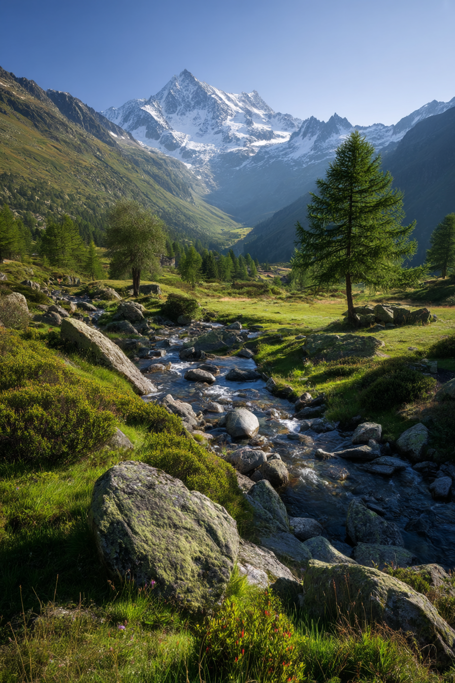 Berge Und Panoramen Malerische Berglandschaft Und Strom Im Grünen Tal | Berge und Panoramen | Landschaften