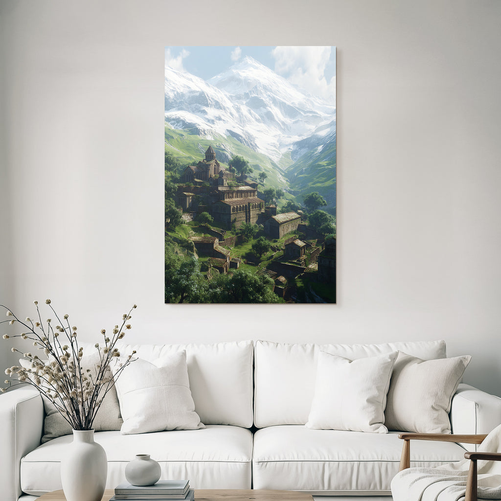 Berge Und Panoramen Malerische Landlandschaft Mit Kloster Und Schneebedeckten Bergen