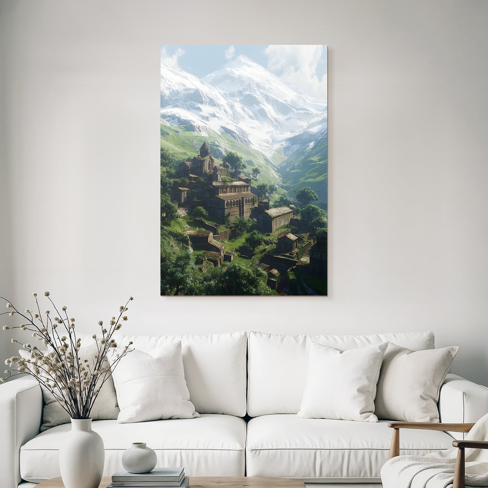 Berge Und Panoramen Malerische Landlandschaft Mit Kloster Und Schneebedeckten Bergen