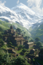 Berge Und Panoramen Malerische Landlandschaft Mit Kloster Und Schneebedeckten Bergen | Berge und Panoramen | Landschaften
