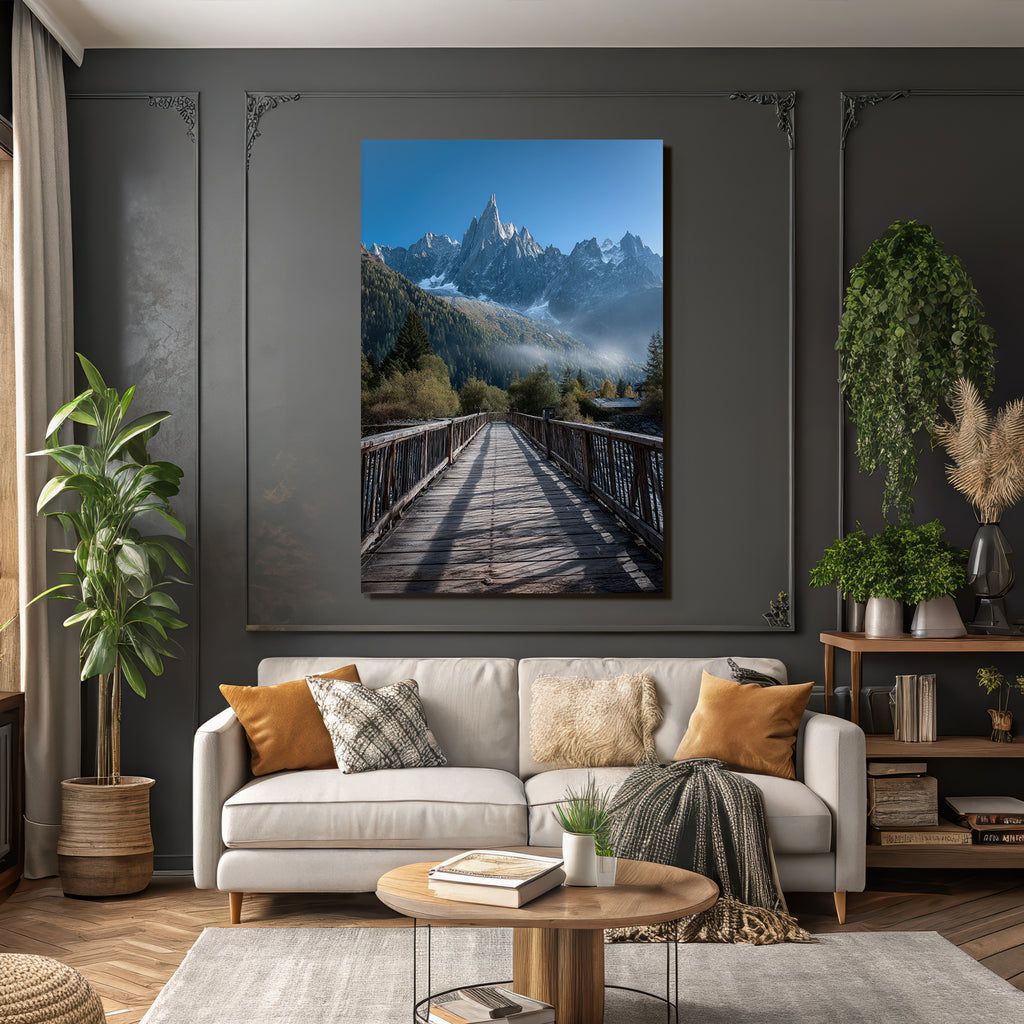 Berge Und Panoramen Malerische Landschaft Mit Holzbrücke Und Schneebedeckten Bergen