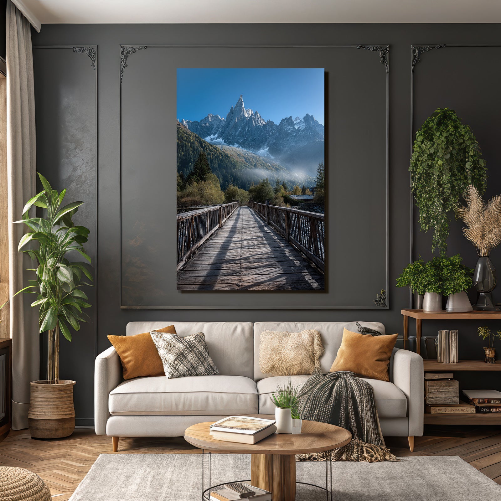 Berge Und Panoramen Malerische Landschaft Mit Holzbrücke Und Schneebedeckten Bergen