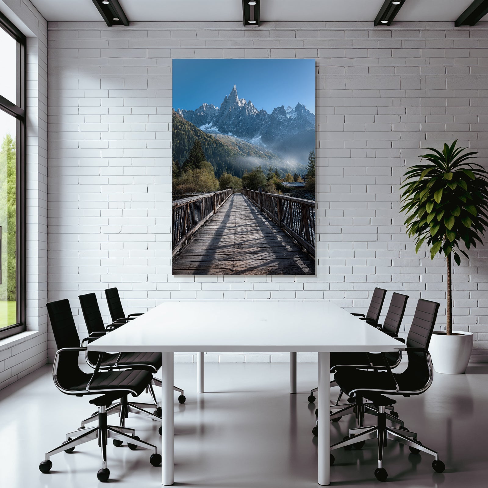 Berge Und Panoramen Malerische Landschaft Mit Holzbrücke Und Schneebedeckten Bergen