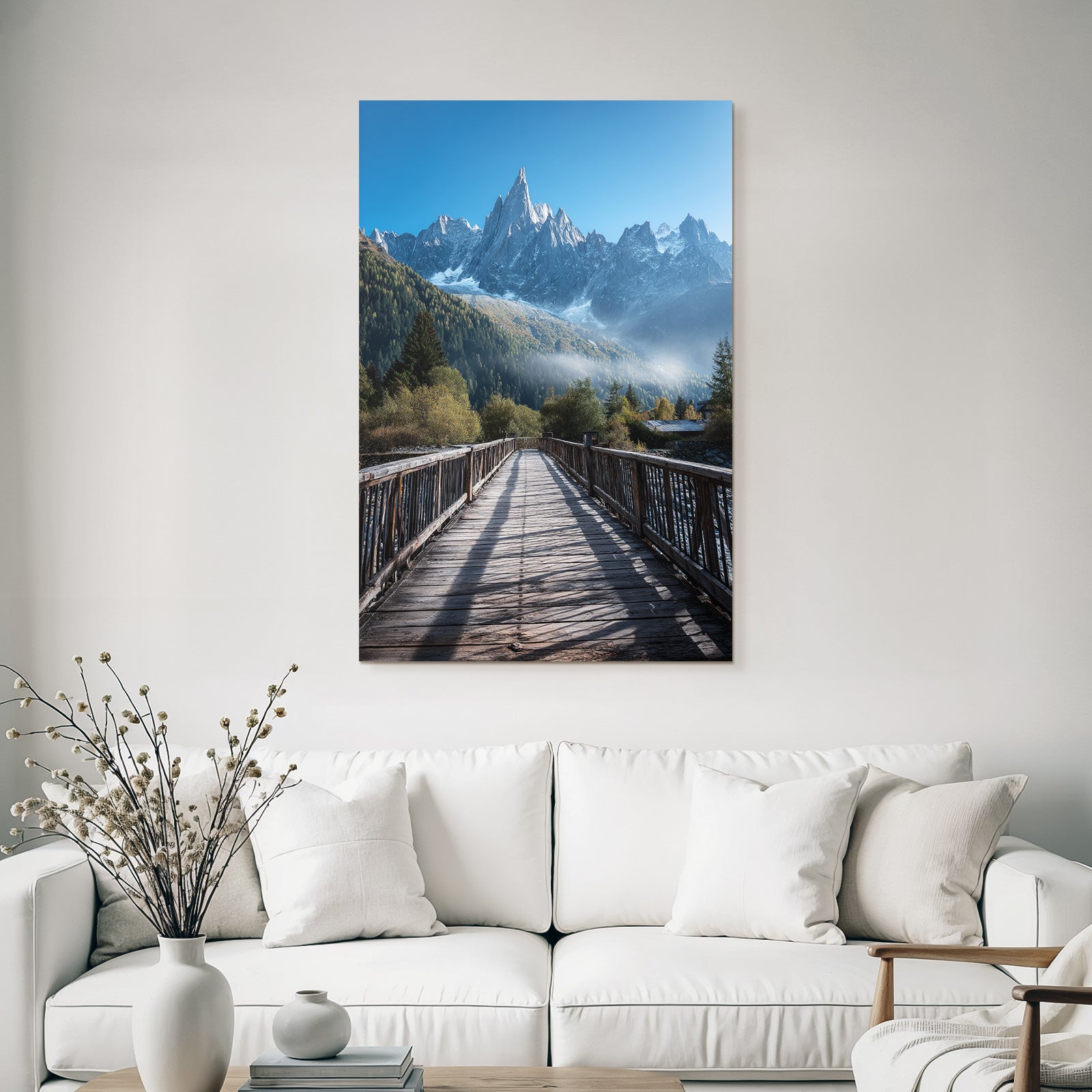 Berge Und Panoramen Malerische Landschaft Mit Holzbrücke Und Schneebedeckten Bergen