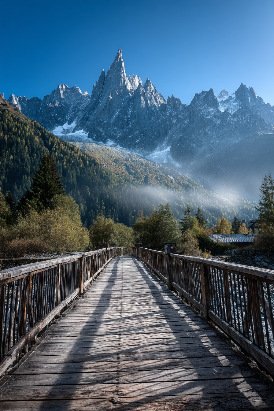 Berge Und Panoramen Malerische Landschaft Mit Holzbrücke Und Schneebedeckten Bergen | Berge und Panoramen | Landschaften