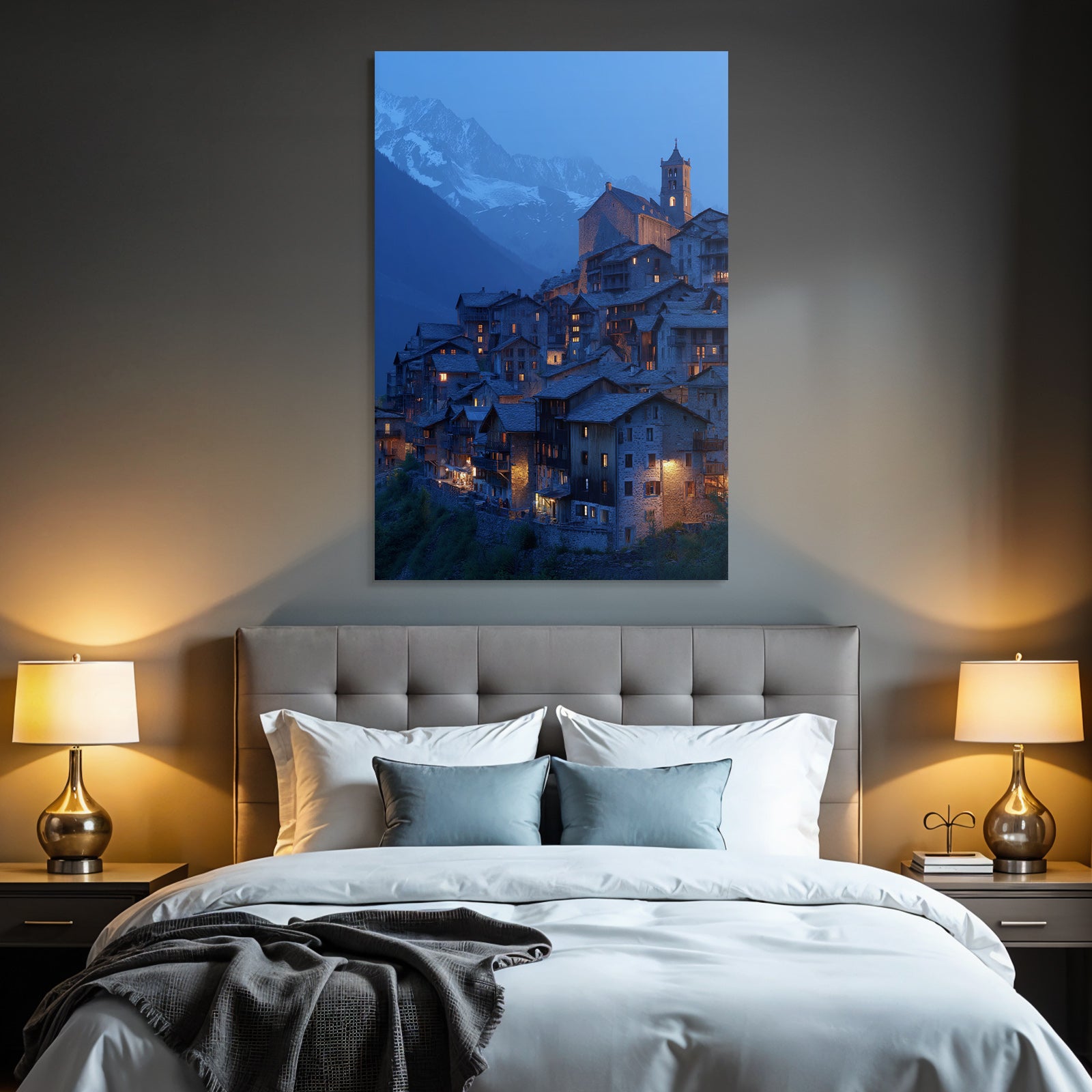 Berge Und Panoramen Malerisches Gebirgsdorf Bei Twilight Mit Beleuchteten Fenstern