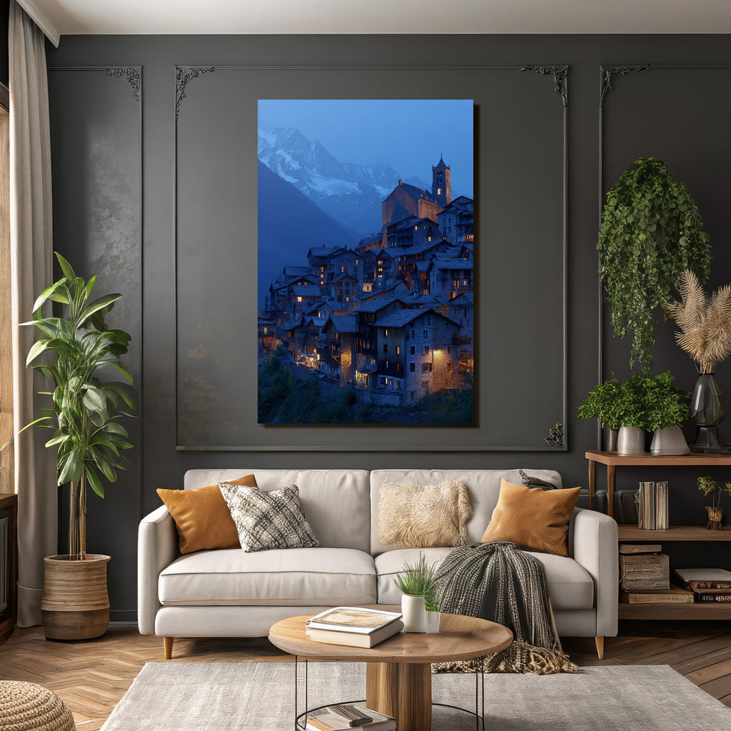 Berge Und Panoramen Malerisches Gebirgsdorf Bei Twilight Mit Beleuchteten Fenstern