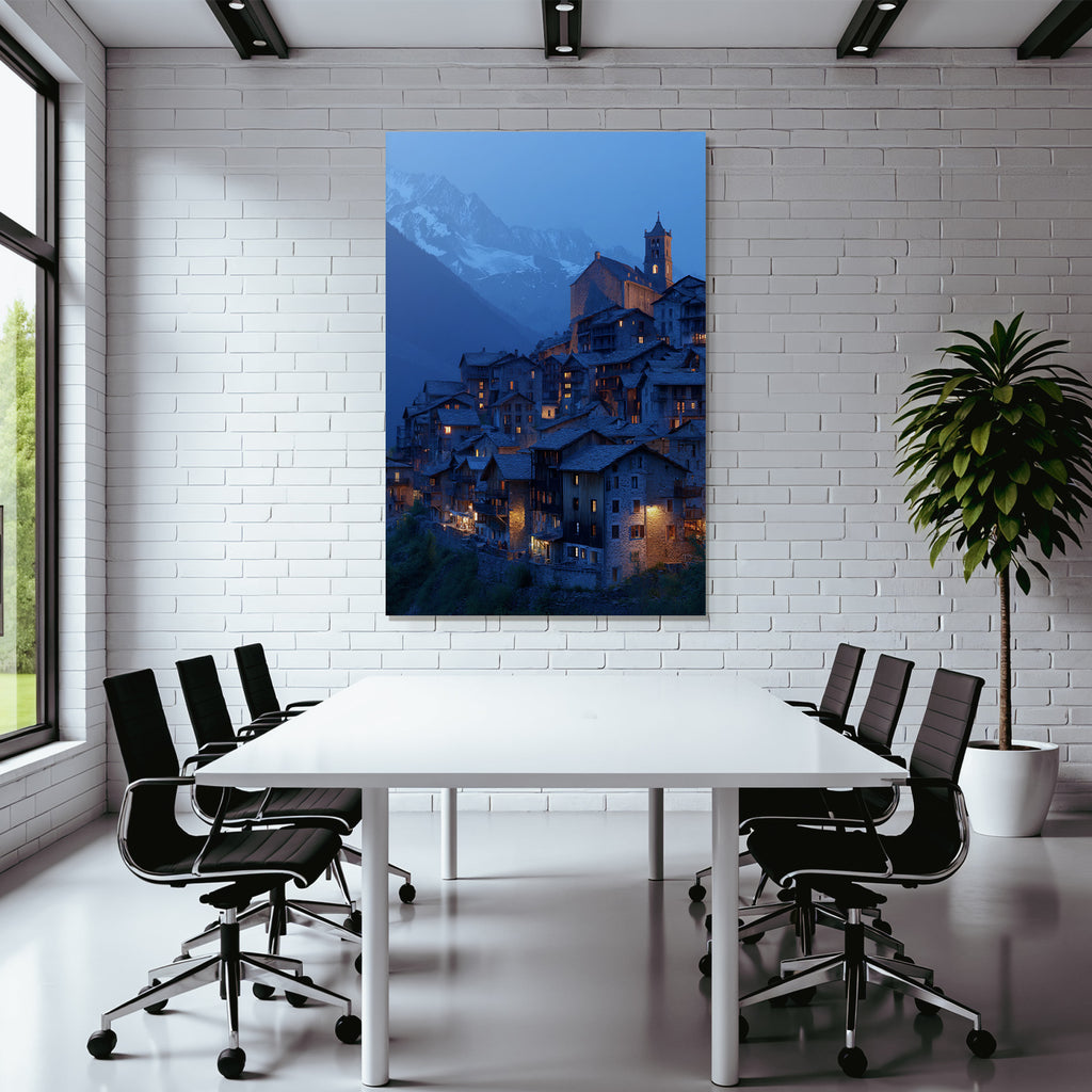 Berge Und Panoramen Malerisches Gebirgsdorf Bei Twilight Mit Beleuchteten Fenstern