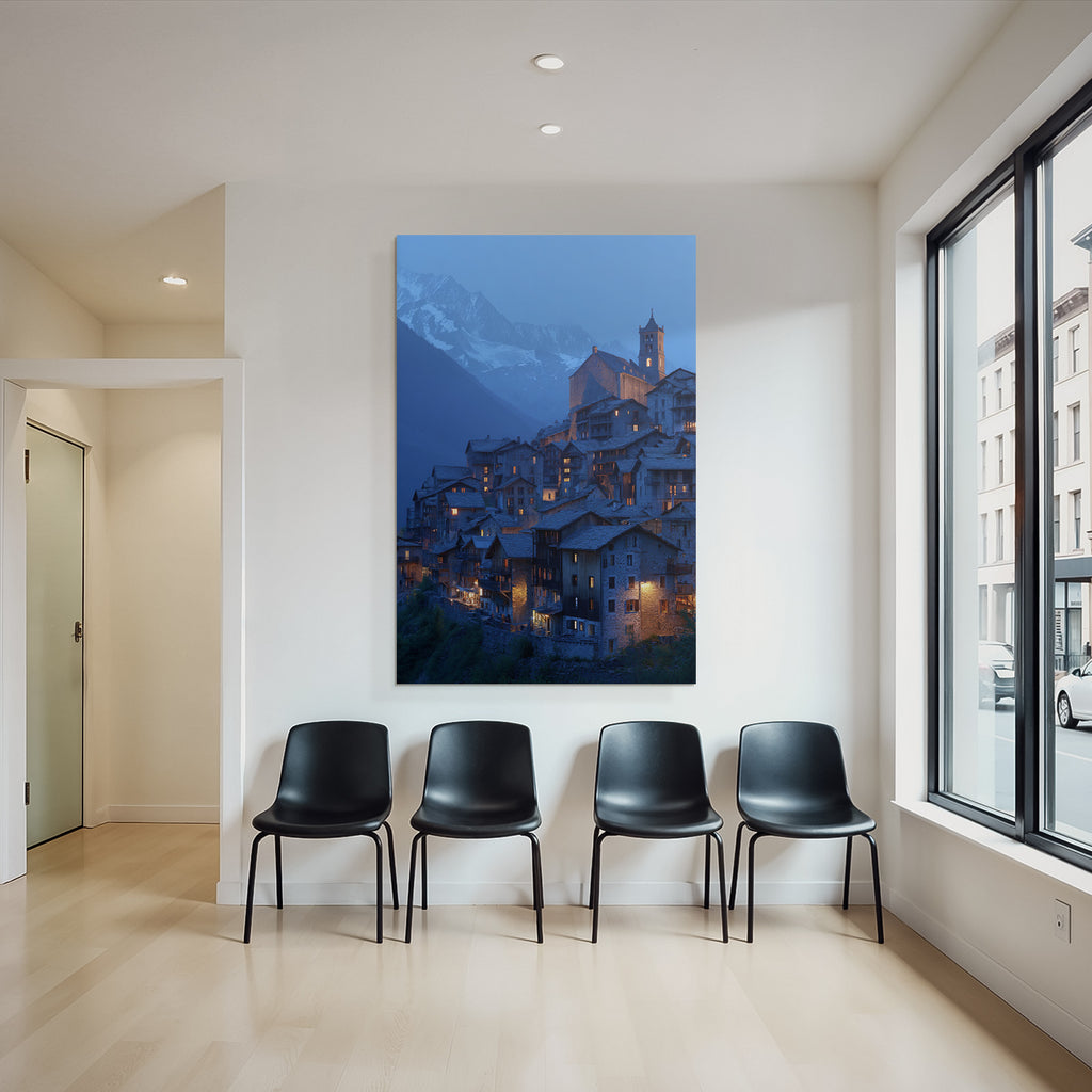 Berge Und Panoramen Malerisches Gebirgsdorf Bei Twilight Mit Beleuchteten Fenstern