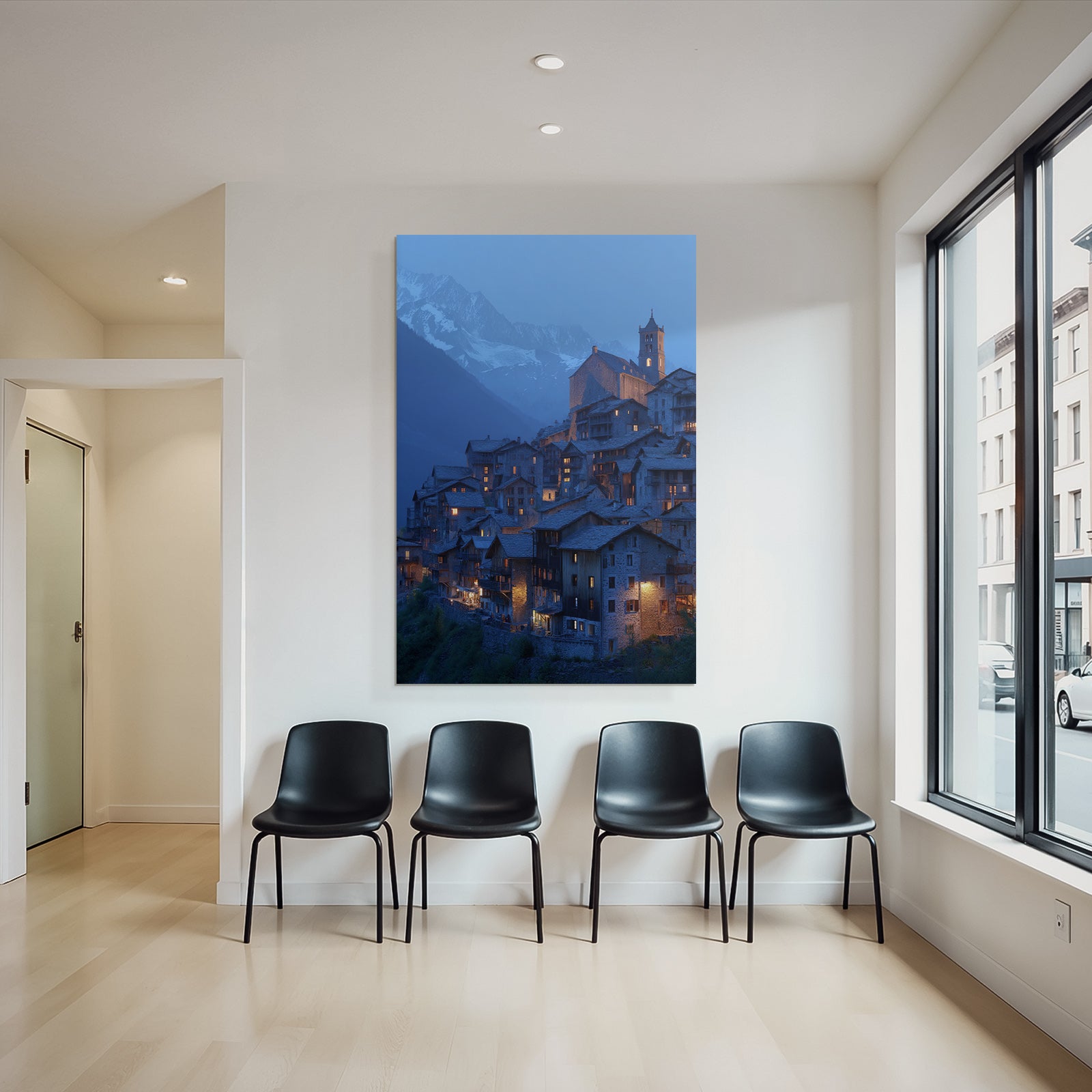 Berge Und Panoramen Malerisches Gebirgsdorf Bei Twilight Mit Beleuchteten Fenstern