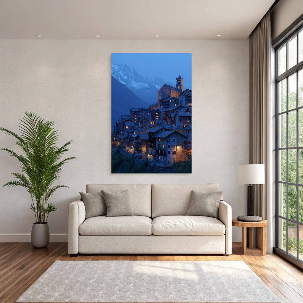 Berge Und Panoramen Malerisches Gebirgsdorf Bei Twilight Mit Beleuchteten Fenstern