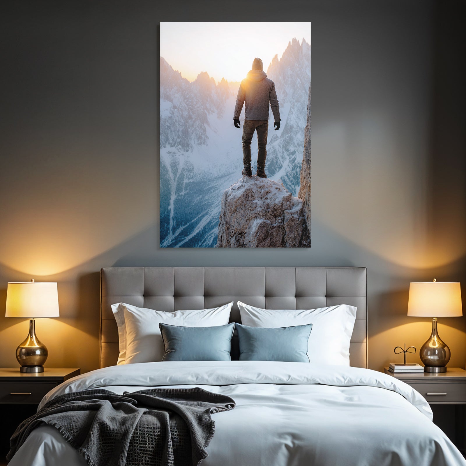 Berge Und Panoramen Person Am Kliff Im Montagesonnenaufgang Mit Schneebedeckten Bergen