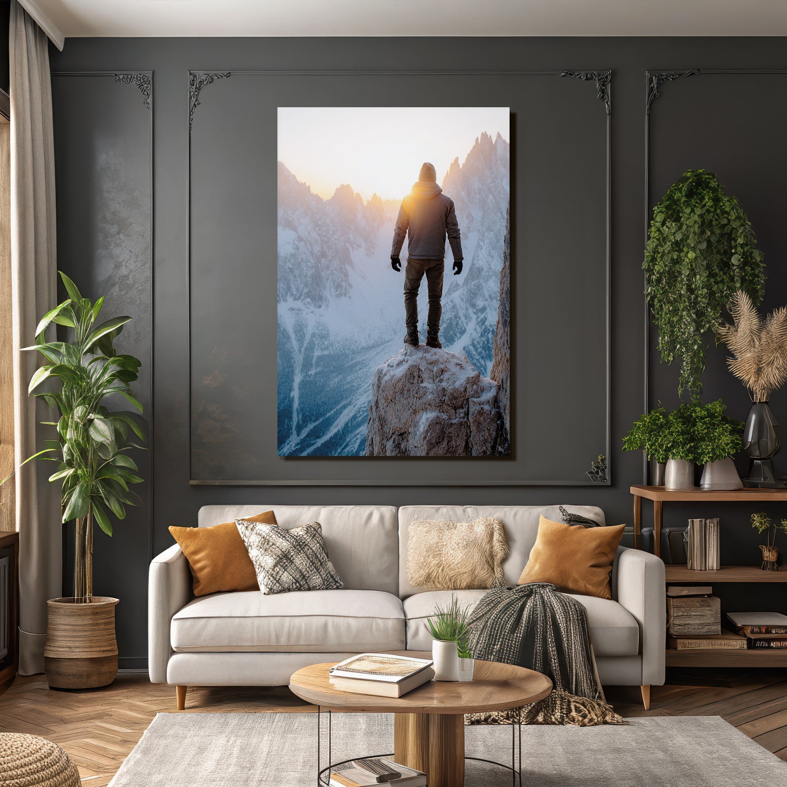 Berge Und Panoramen Person Am Kliff Im Montagesonnenaufgang Mit Schneebedeckten Bergen
