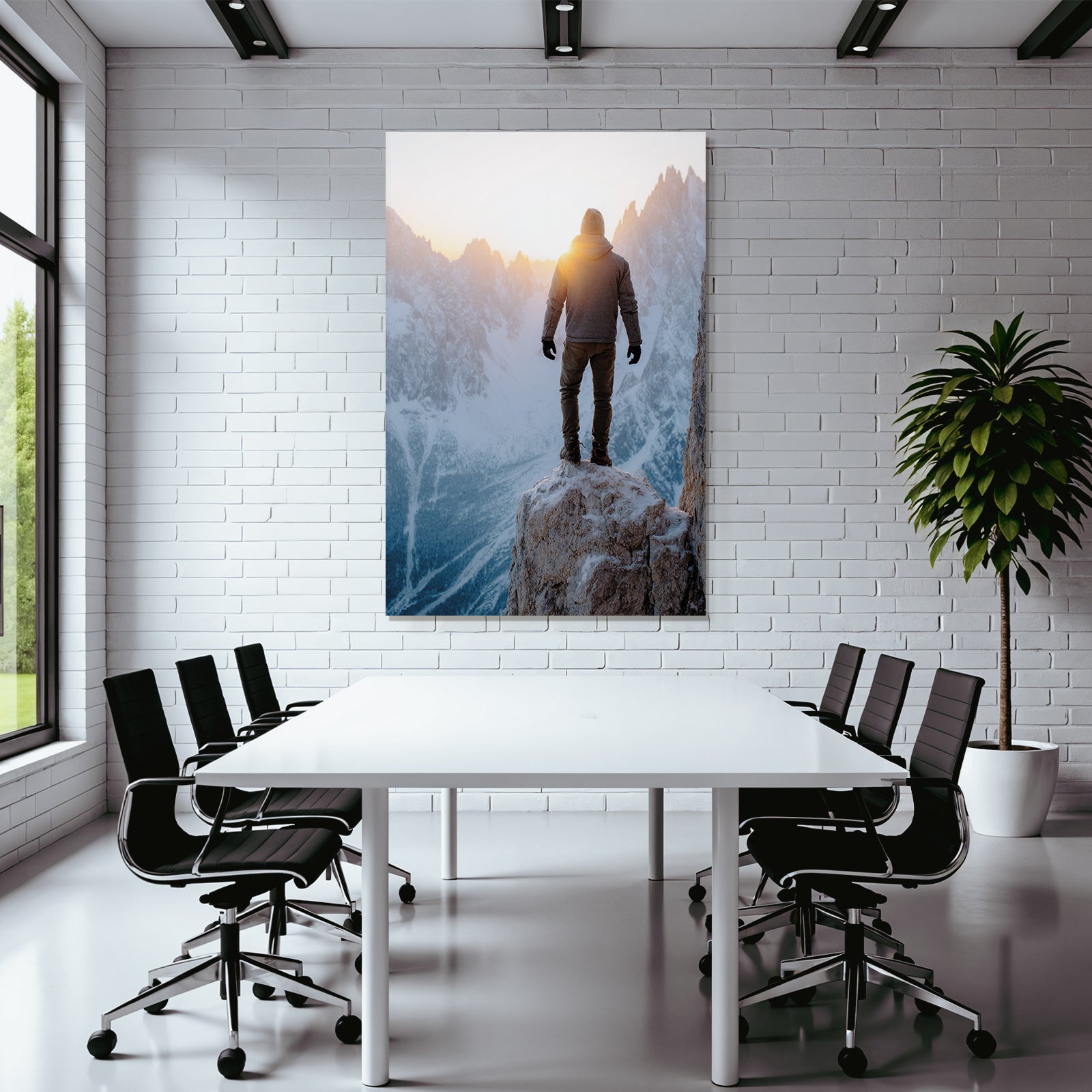 Berge Und Panoramen Person Am Kliff Im Montagesonnenaufgang Mit Schneebedeckten Bergen