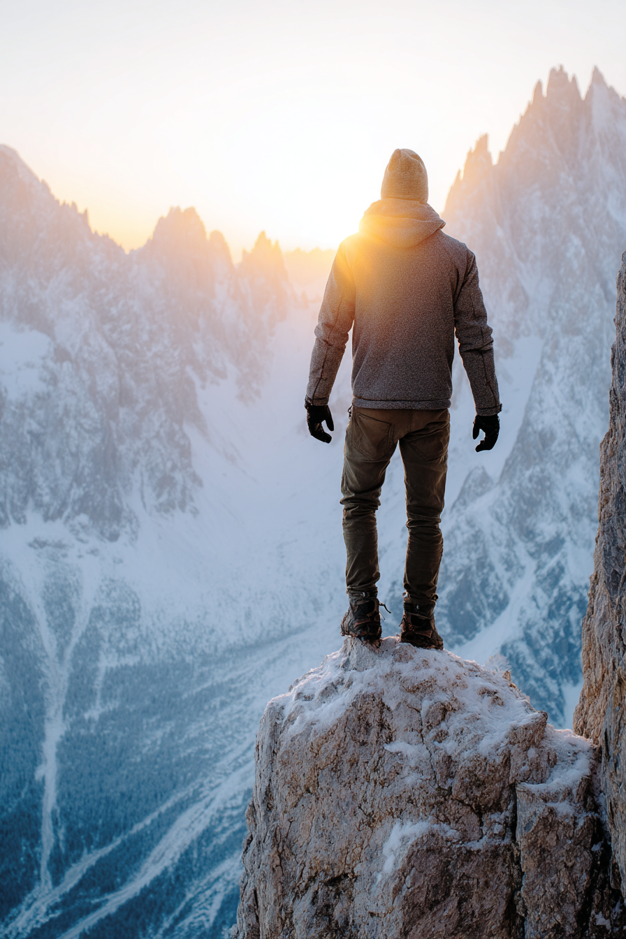 Berge Und Panoramen Person Am Kliff Im Montagesonnenaufgang Mit Schneebedeckten Bergen | Berge und Panoramen | Landschaften