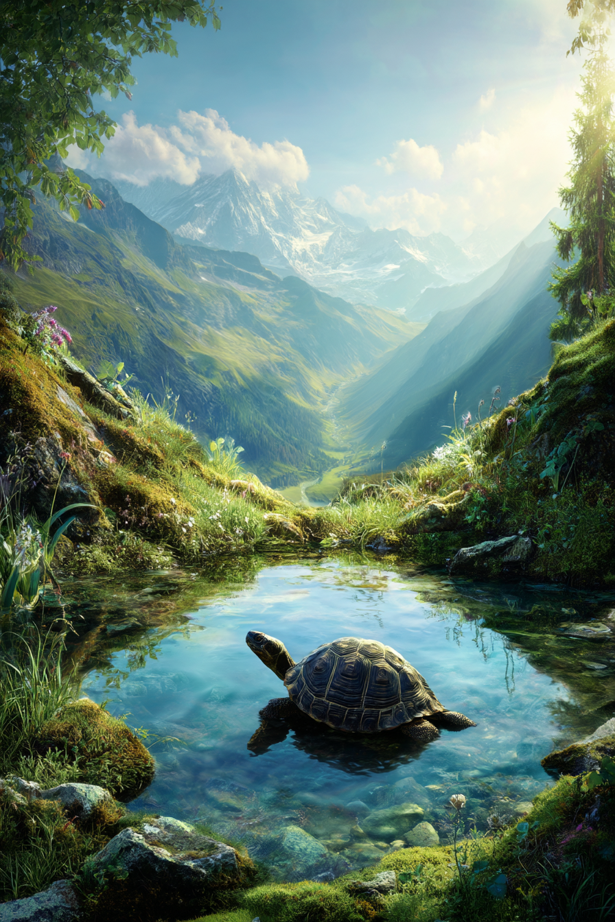 Berge Und Panoramen Ruhige Natur Landschaft Schildkröte Teich Grünanlagen Berge Himmel | Berge und Panoramen | Landschaften