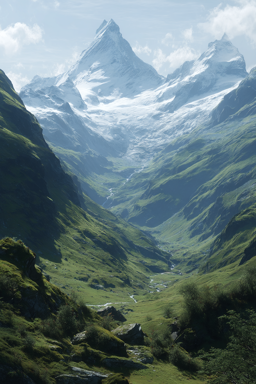 Berge Und Panoramen Schönes Gebirgslandschaft Mit Schneebedecktem Gipfel Und Grünen Tälern | Berge und Panoramen | Landschaften