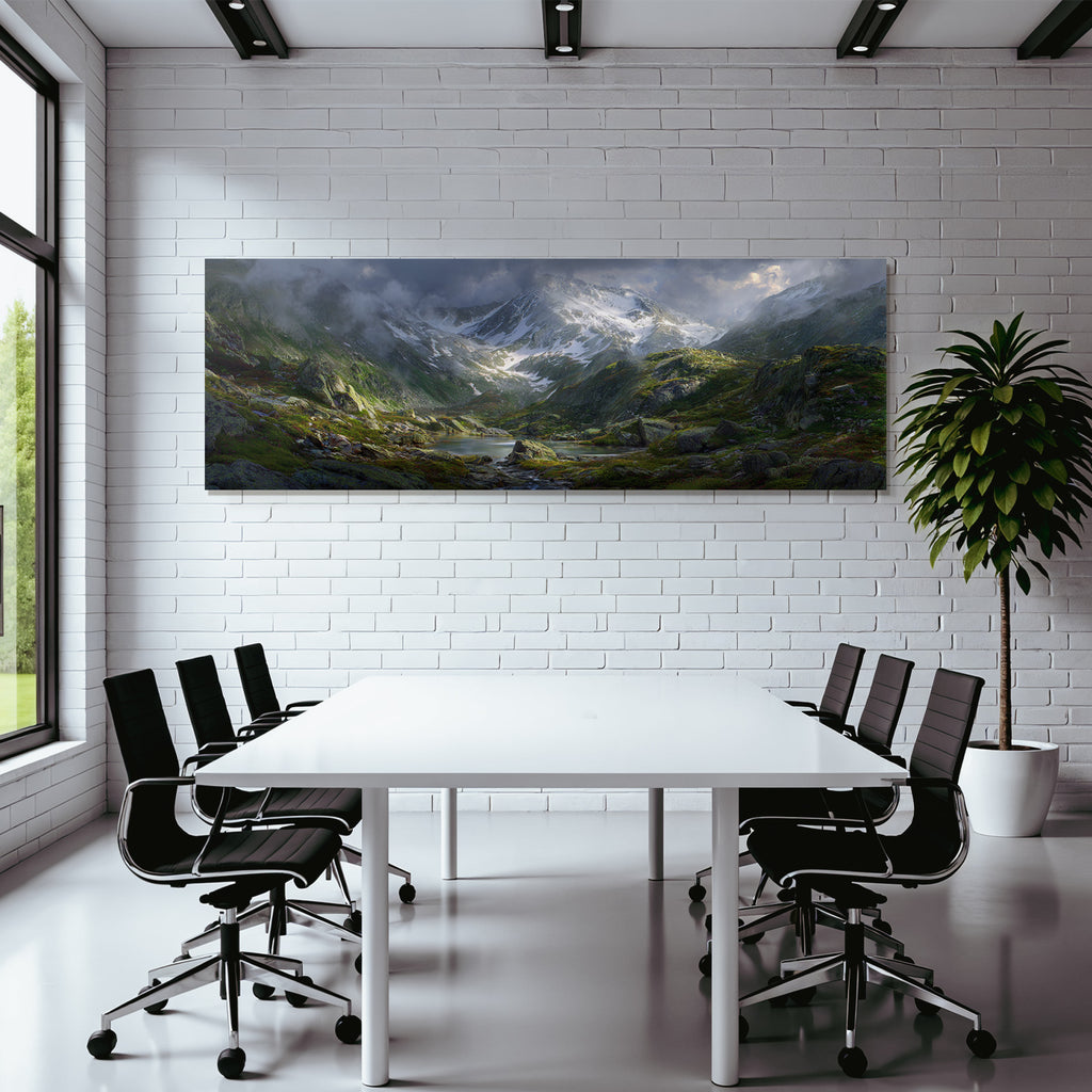 Berge Und Panoramen Atemberaubende Berglanschaft Mit Schnee Und Blumen Reflexionen Im Wasser