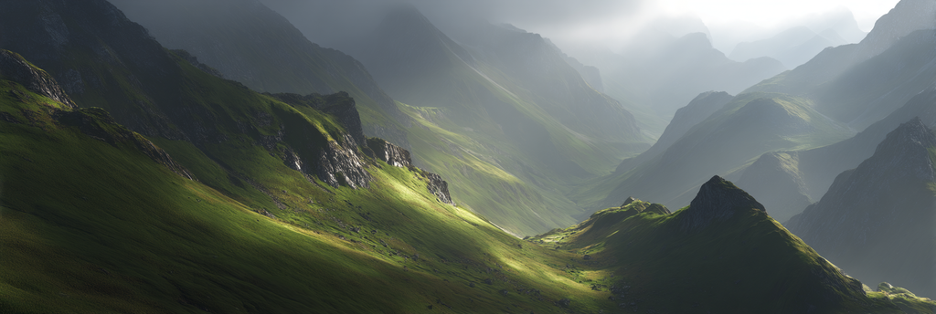 Berge Und Panoramen Bewegende Mountainlandschaft Mit Grünen Höhen Und Sanftem Licht | Berge und Panoramen | Landschaften