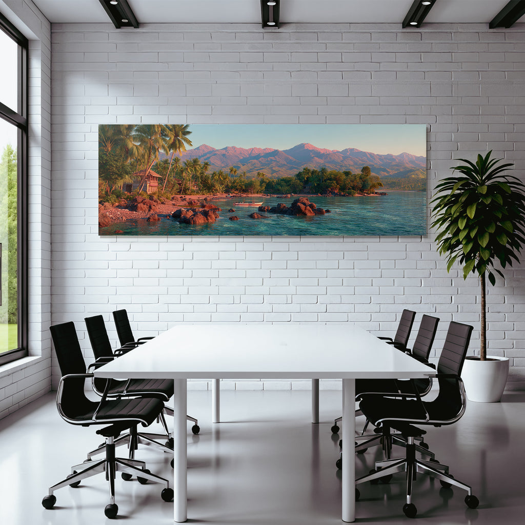 Berge Und Panoramen Friedlicher Tropenlandschaft Mit Küste Und Palm Baeumen