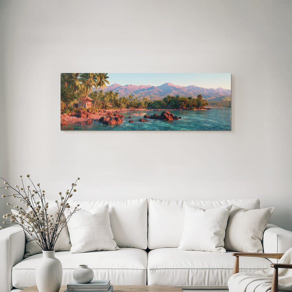 Berge Und Panoramen Friedlicher Tropenlandschaft Mit Küste Und Palm Baeumen